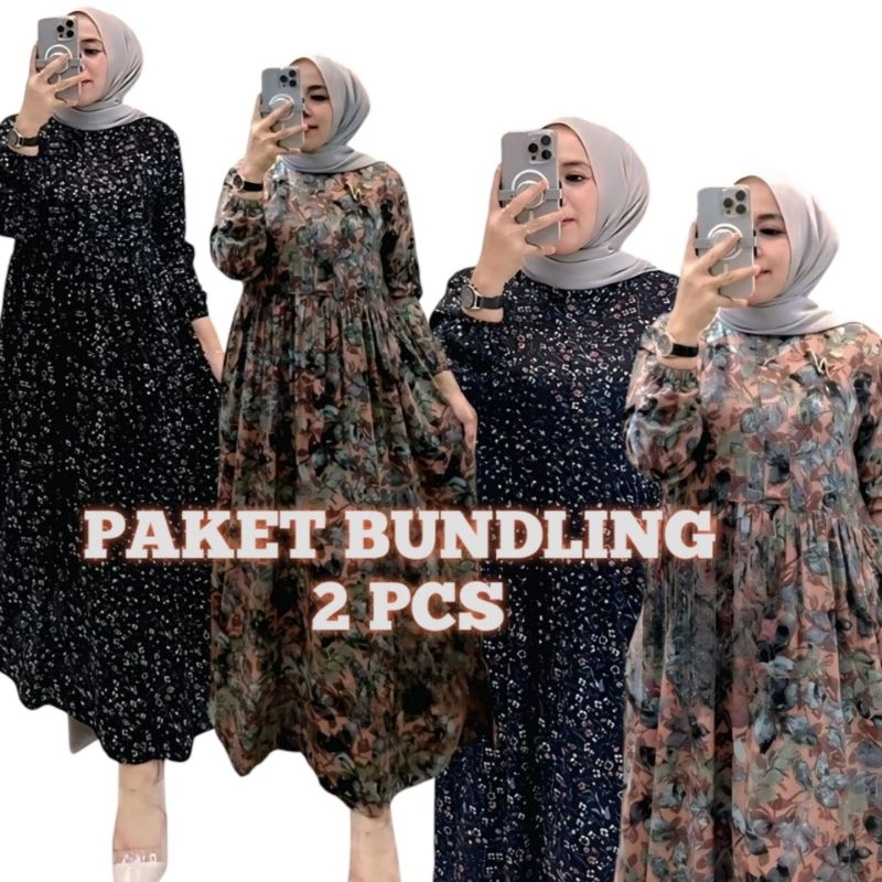 NEW Paket Bundling 100 RIBU Dapat 2 Pcs Arsy Midi Dress Gamis Rayon Motif Terlaris Baju Lebaran