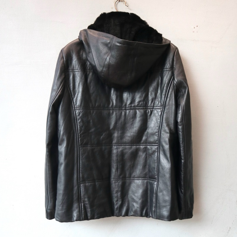 Jaket kulit berhudi hoodie asli domba hodie slim cewek cowok tebal topi tudung genuine leather jacke