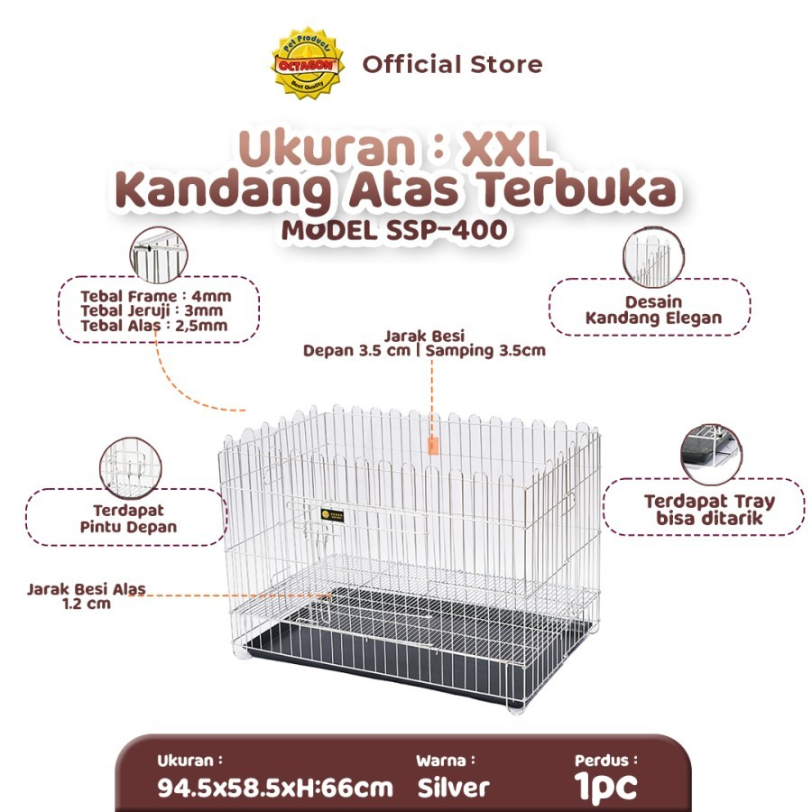 Kandang Octagon - Kandang Atas Terbuka Stainless Steel - Kandang Anti Karat dan Tahan Lama - XXL 94x