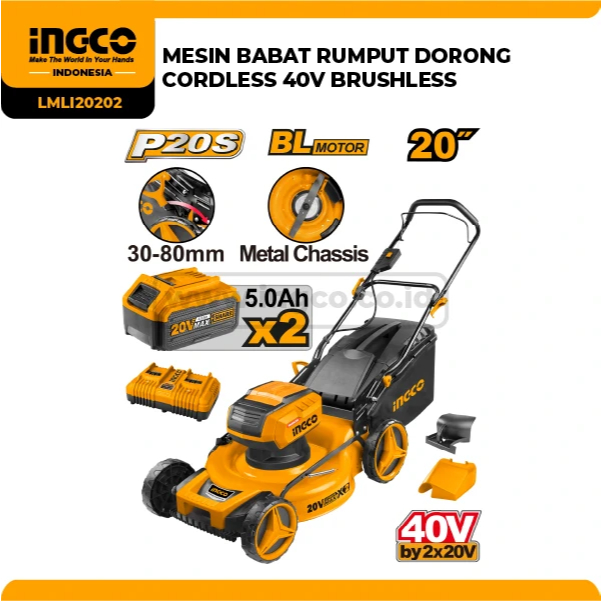 Cordless Lawn Mower 40V Brushless INGCO LMLI20202 Mesin Potong Rumput Dorong Baterai Grass Trimmer P