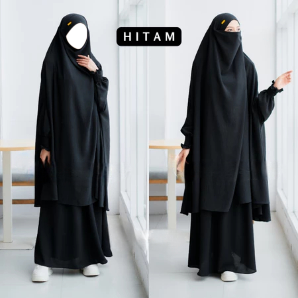 French Set Gamis Khimar Syari Hitam - Bahan Premium Adem Lembut Jatuh Anti Kusut & UV