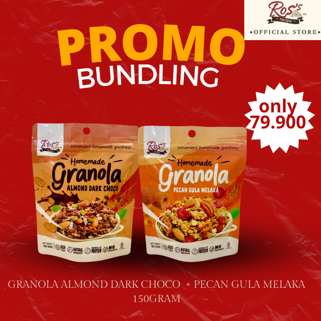 

Ros Recipe Promo Bundling Granola Almond Dark Choco dan Pecan Gula Melaka 150gr