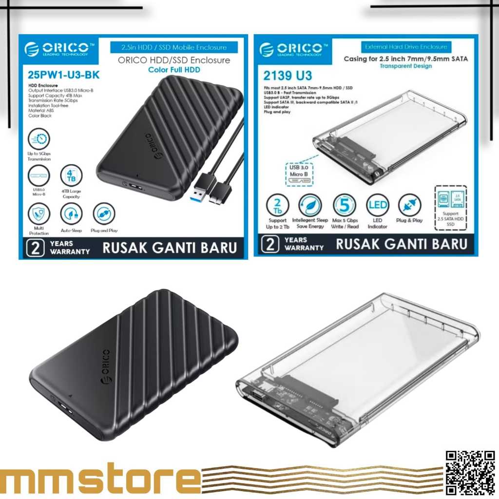 HDD Enclosure Orico 2.5" USB 3.0 Transparan 2139U3 & Hitam 25PW1-U3