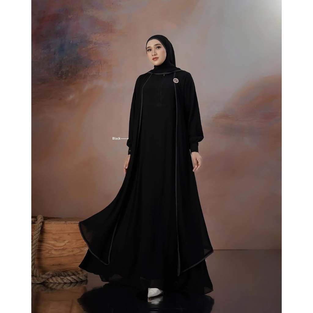 Gamis Abaya Hitam Wanita Lebaran 2025 Ceruty Babydoll Dua Layer Busui Tangan Kancing Free Pashmina