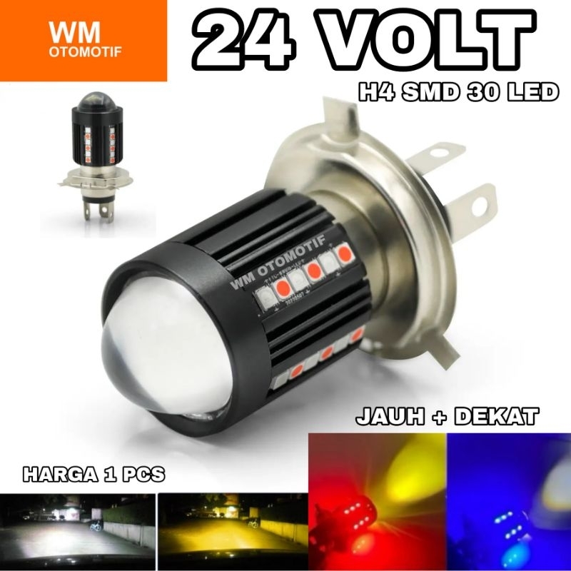 Lampu LED Utama 24 Volt H4 Laser Gun 30 Mata SMD Senja Biru Merah Depan High Low 2 Warna Putih Kunin