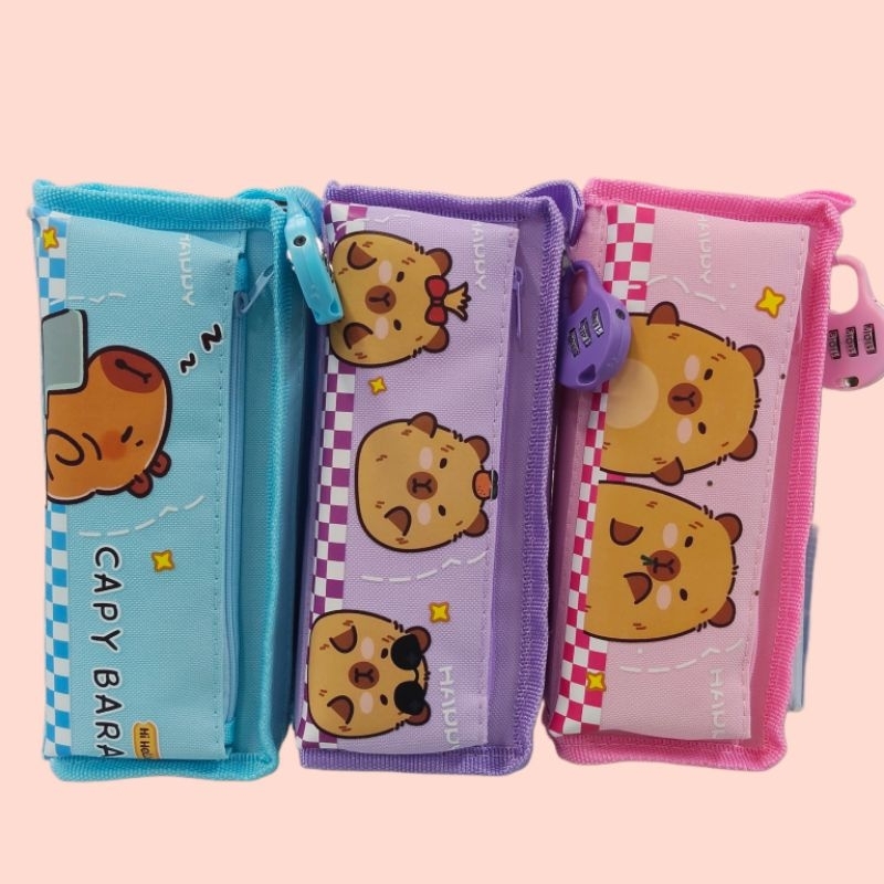 Pensil Case Karakter Capy Bara Lucu terdapat kunci gembok | Kotak Tempat Pensil Zipper Anak Motif Ca