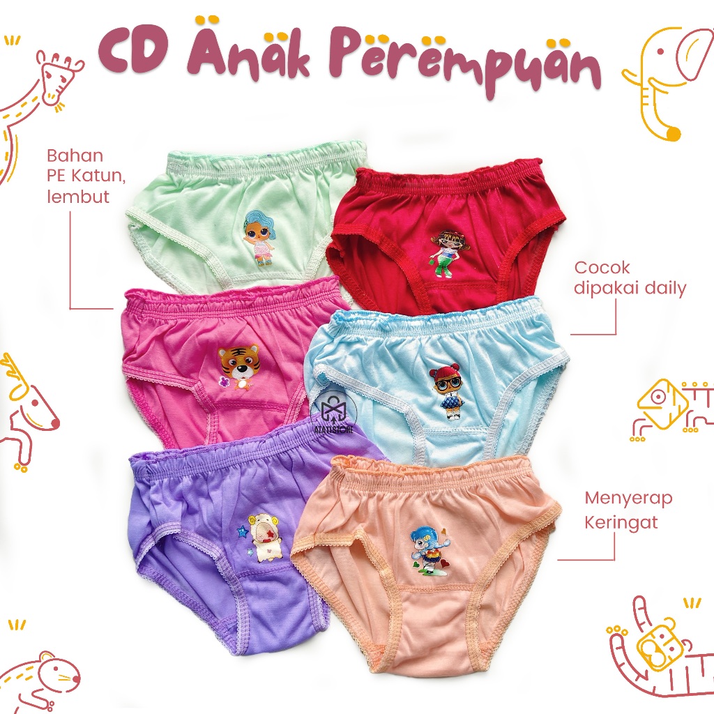6 PCS | CD Anak Perempuan Polos Sablon DTF | Celana Dalam Anak Cewe | Cangcut bocah Wanita1-9 tahun