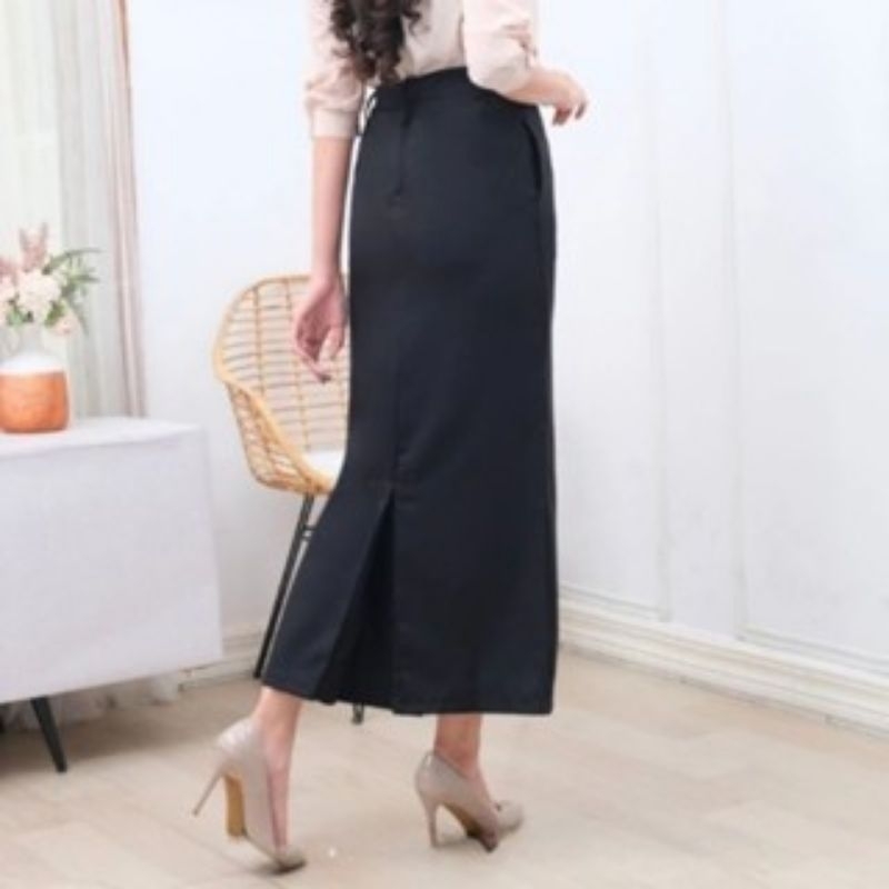 ROK KERJA WANITA HITAM PANJANG. ROK SPAN REMPEL BRLAKANG SIZE S-L5