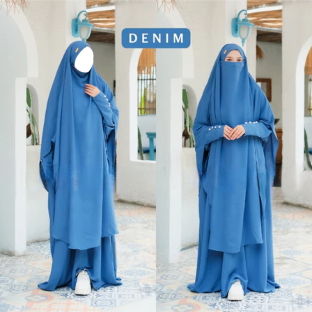 Set Gamis Syari Khimar Warna Denim Bahan Dingin Lembut Jatuh Anti Kusut Anti UV Lengan Kancing