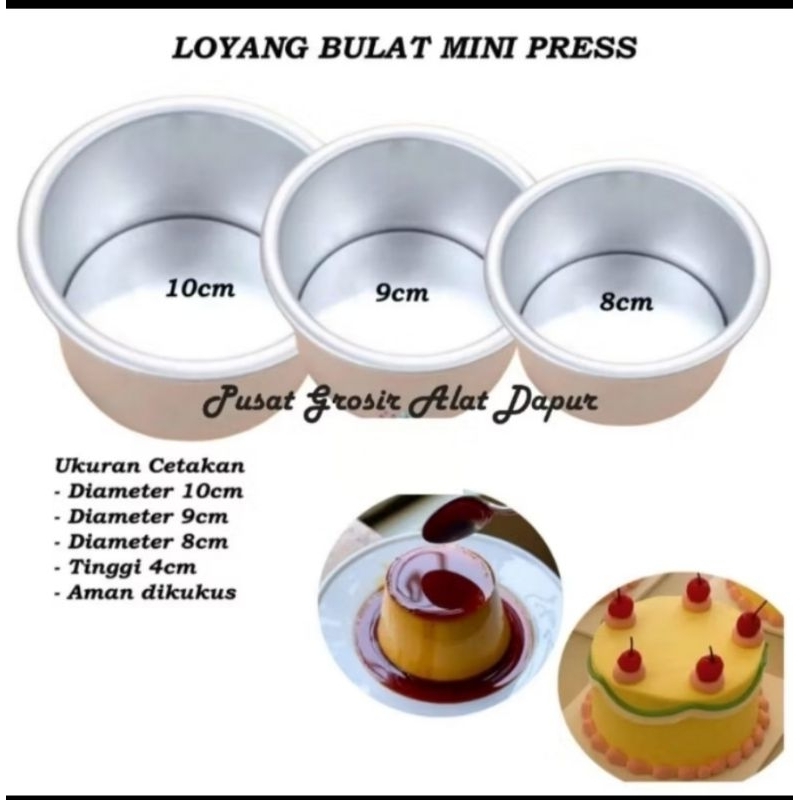 Loyang Kue Bolu Mini Bulat Press 1 Set Isi 3 Pcs Ukuran 8cm 9cm 10 cm Bahan Aluminium / Cetakan Bolu