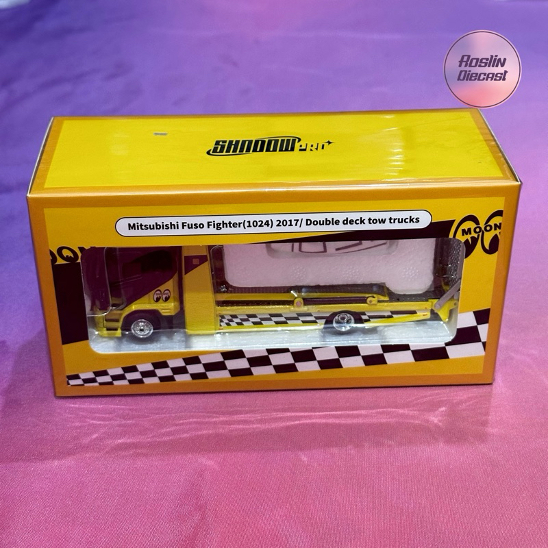 Diecast 1:64 Shadow Pro Mitsubishi Fuso Fighter Double Deck tow Trucks Yellow Mooneyes