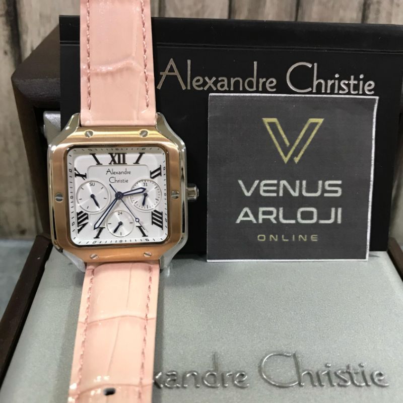 Jam Alexandre Christie AC 2B18 BF LTR Wanita Silver Ring Rosegold Kulit Pink Segi