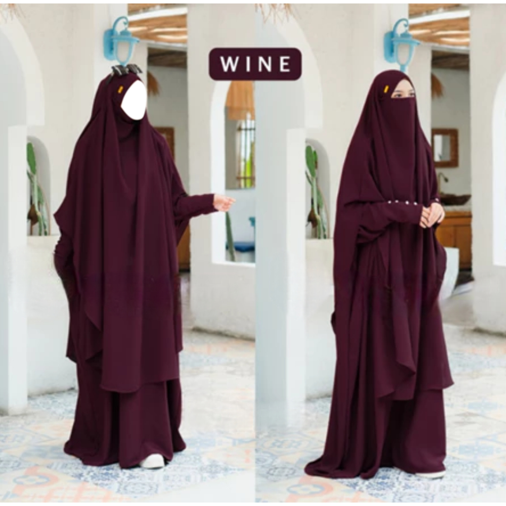 French Set Khimar dan Gamis Wine - Bahan Adem, Jatuh, Anti Kusut, Anti UV