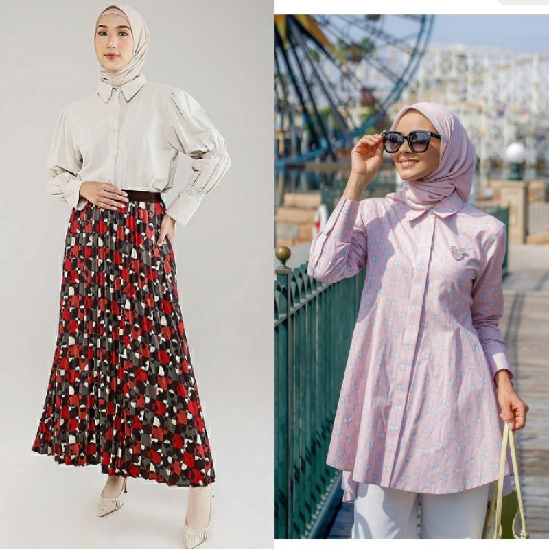 Puzzlea Pleated Skirt rok Yumi Shirt Baju Benang Jarum ori