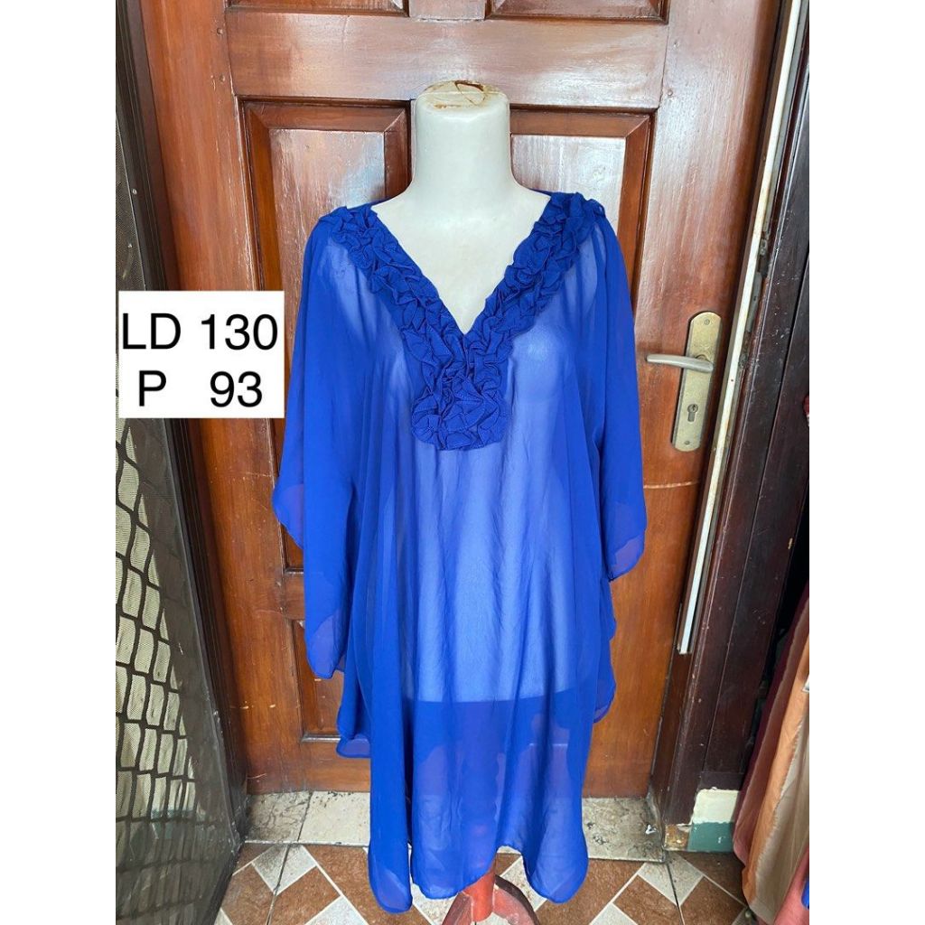 Kaftan Tunik Biru Elektrik V Neck Sheer Nerawang Jumbo Oversize Baju Lebaran - preloved