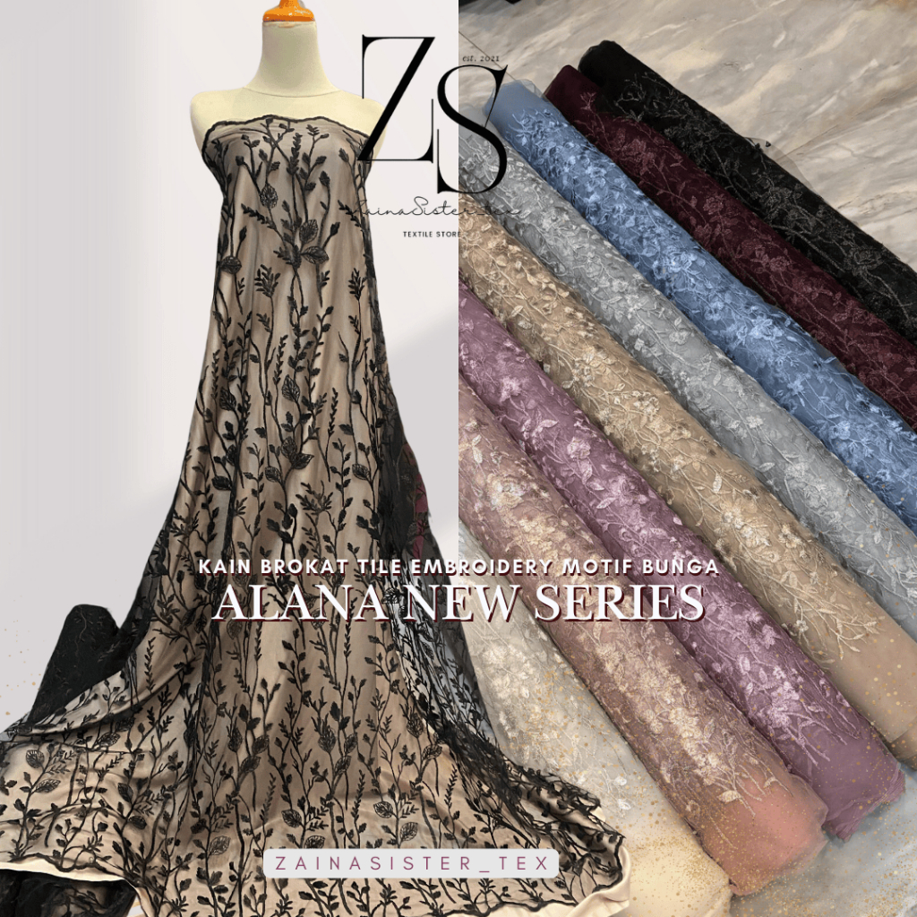1/2 meter Kain Brokat Tile Bordir Bahan Kebaya Motif Bunga Floral / Alana Series/ Warna Hitam