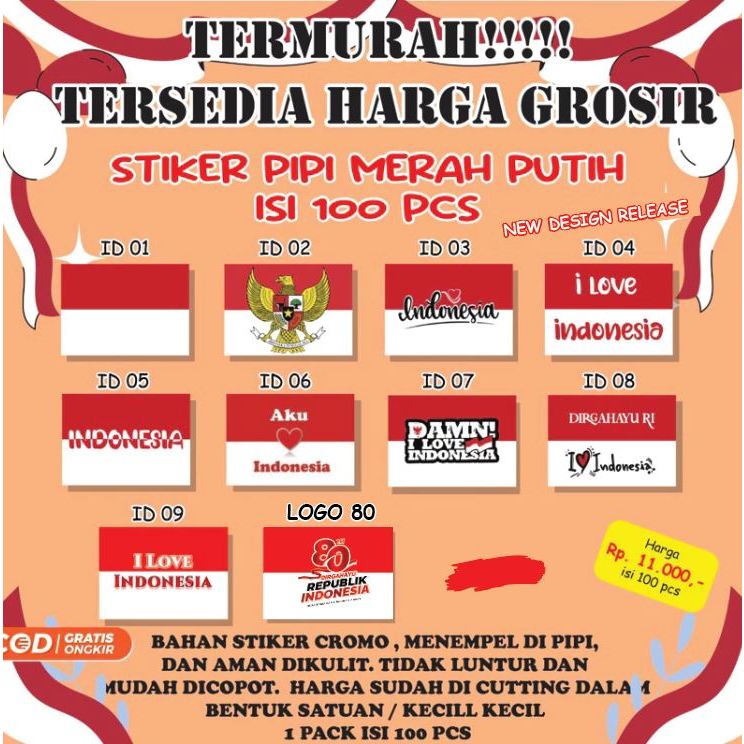 

[100 pcs] STICKER / STIKER PIPI BENDERA MERAH PUTIH KEMERDEKAAN INDONESIA