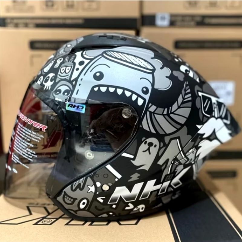 NHK N1 MAX DOODLE BLACK SILVER DOFF ORIGINAL | RHD LENS HELM HALF FACE N-1 MAX DOODLES HITAM ABU DOF