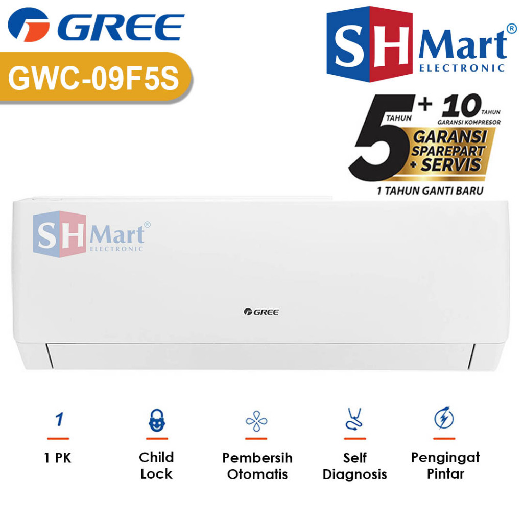 AC GREE 1 PK INVERTER GWC-09F5S / 09F5S SMART CLEANING FAST COOLING INSTAN GARANSI RESMI