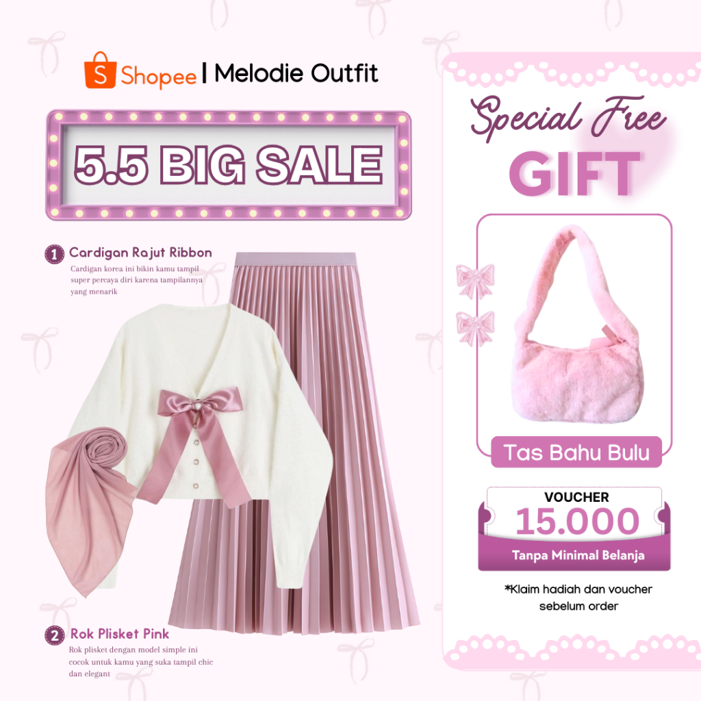 BIG SALE 5.5 - One Set Wanita Korean Style 3in1 | Cardigan Rajut Ribbon Putih, Rok Plisket Pink, Hij