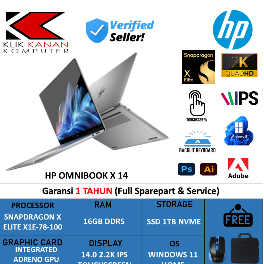 Hp Omnibook X 14 Snapdragon X Elite X1E78100 16Gb Ddr5 1Tb 14.0 2.2K Touchscreen Win 11 Home