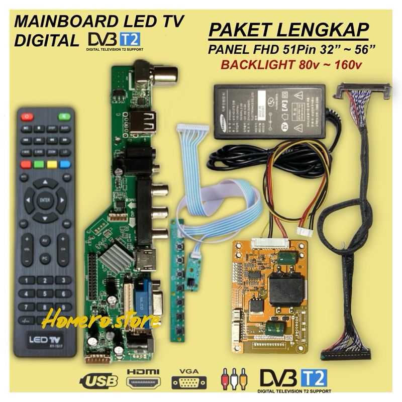 Mainboard TV Digital DVBT2 Universal untuk PANEL LED  32" - 56" 51Pin Paket lengkap