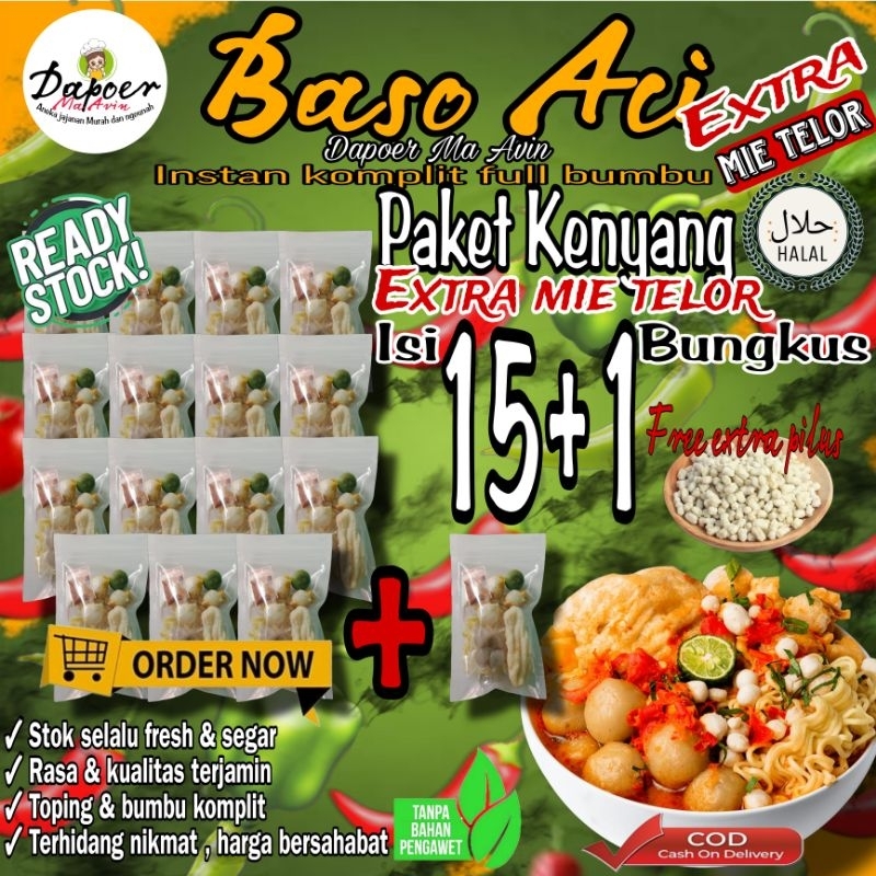 

16 Bungkus [Paket Kenyang Extra Mie Telor] Baso Aci Instan Khas Bandung Komplit Full Bumbu Pedas / Bakso olahan / Baci Kuah / Boci Homemade - Makanan Cemilan Viral