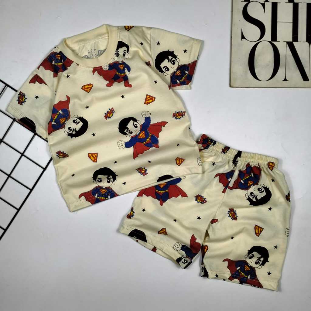 Stelan Baju Anak/Kaos Anak Laki Dan Perempuan/Baju Kaos Stelan/Superman Mjr Krem Lengan Pendek