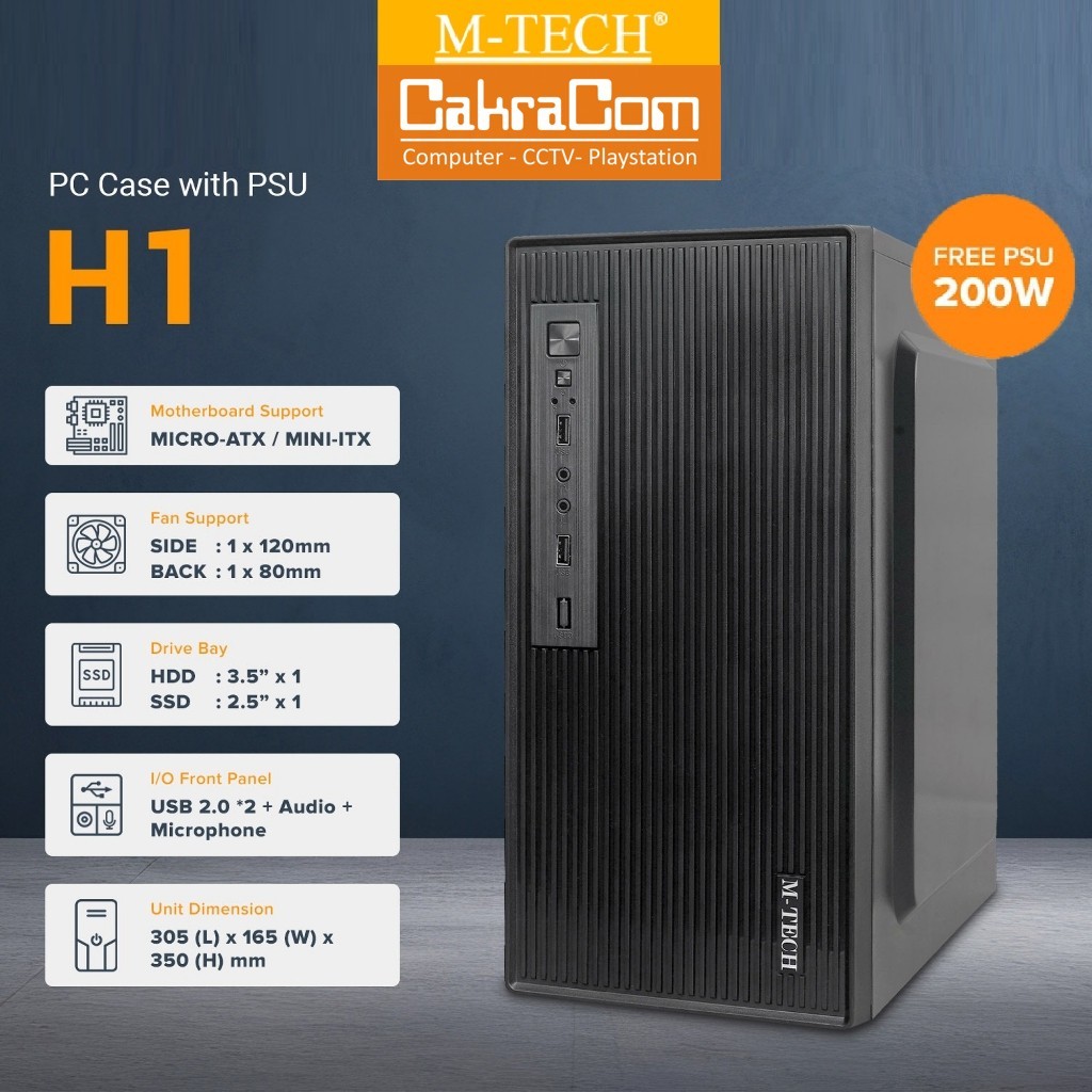 MTECH Casing PC Case Komputer H1 with PSU 200W