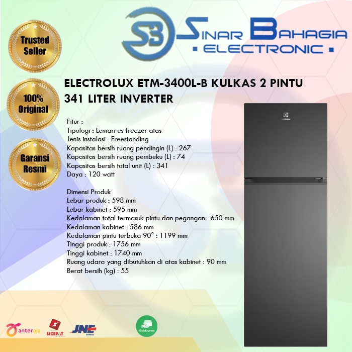 ELECTROLUX ETM-3400L-B KULKAS 2 PINTU 341 LITER INVERTER (NEW) (KHUSUS BANDUNG )