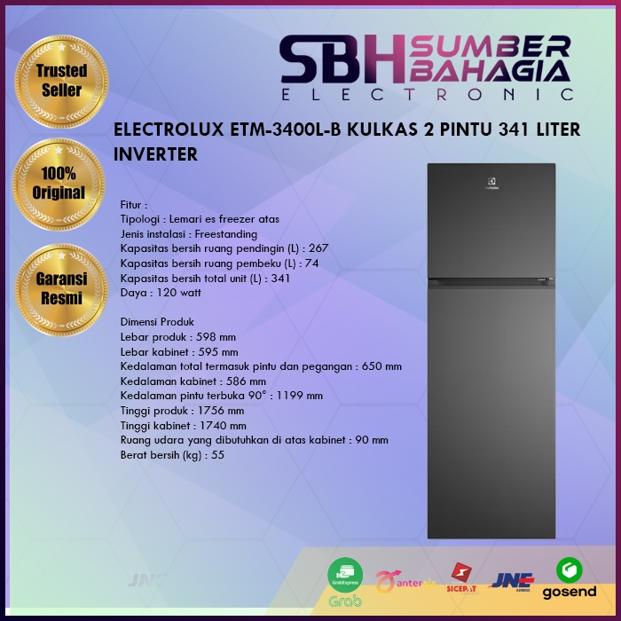 ELECTROLUX ETM-3400L-B KULKAS 2 PINTU 341 LITER INVERTER (NEW)