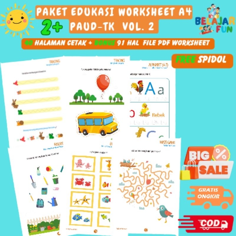 Belajar Fun/ Worksheet anak Vol.2 - Lembar Kerja Aktivitas Edukasi Anak-Usia Dini Paud TK 2 -4 Tahun