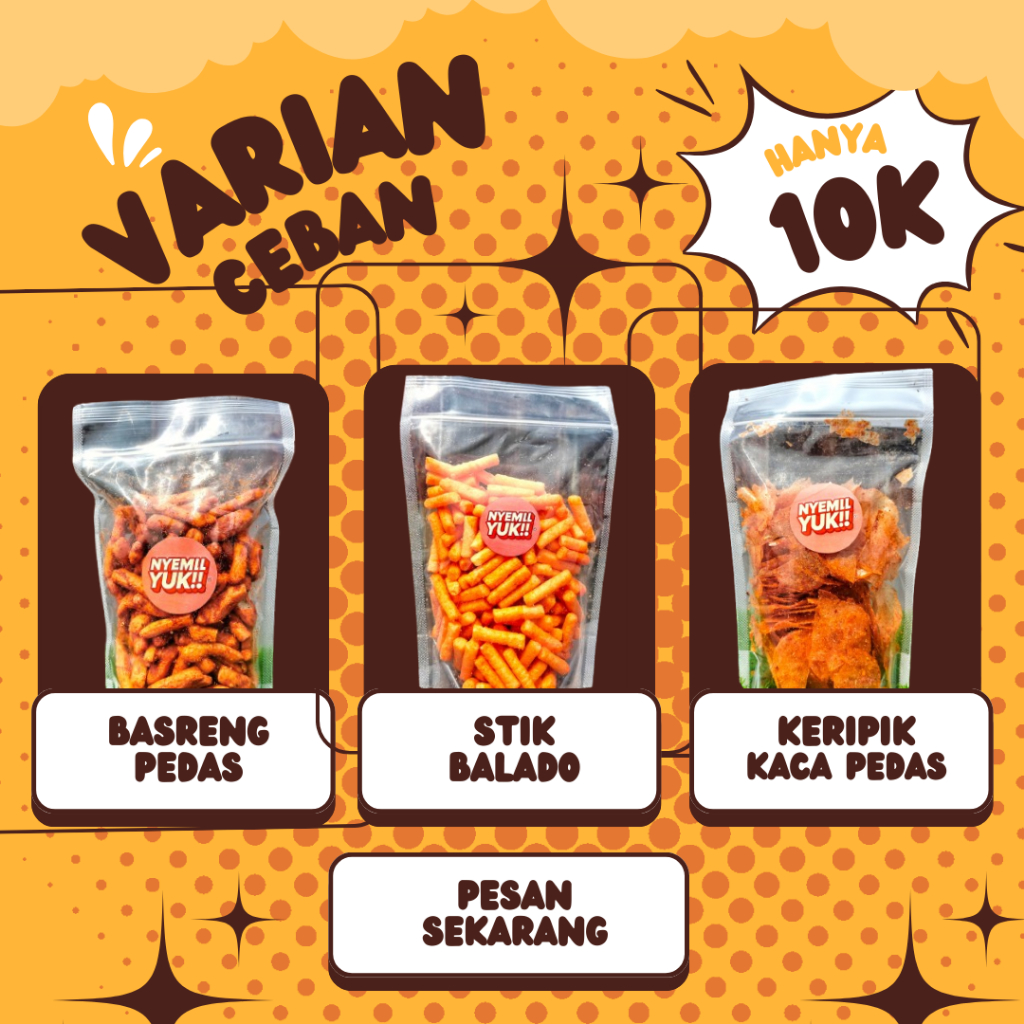 

Cemilan Pedas 100gr 10RB – Basreng Daun Jeruk, Stik Balado, Keripik Kaca | Snack Viral Murah | Nyemil Yuk
