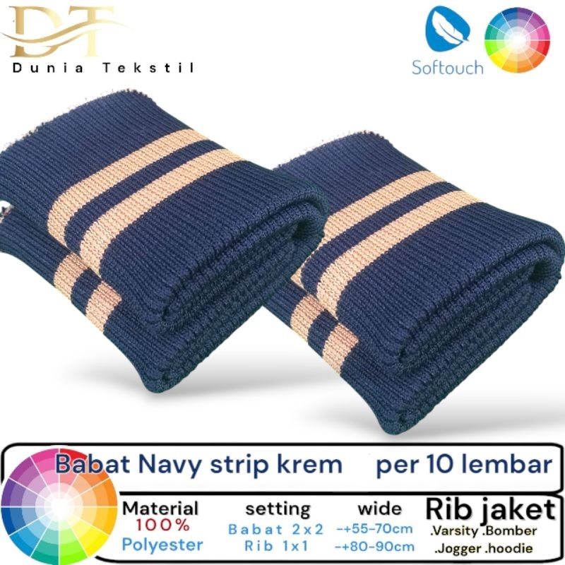 kain rib/bur jaket warna navy list krem rib babat 2x2 Polyester premium