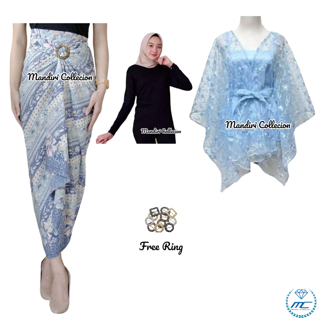 OneSet Rok Lilit Motif Laras Biru Dengan Outer Pita Hitam yang Cantik Dilengkapi Dengan Manset Premi