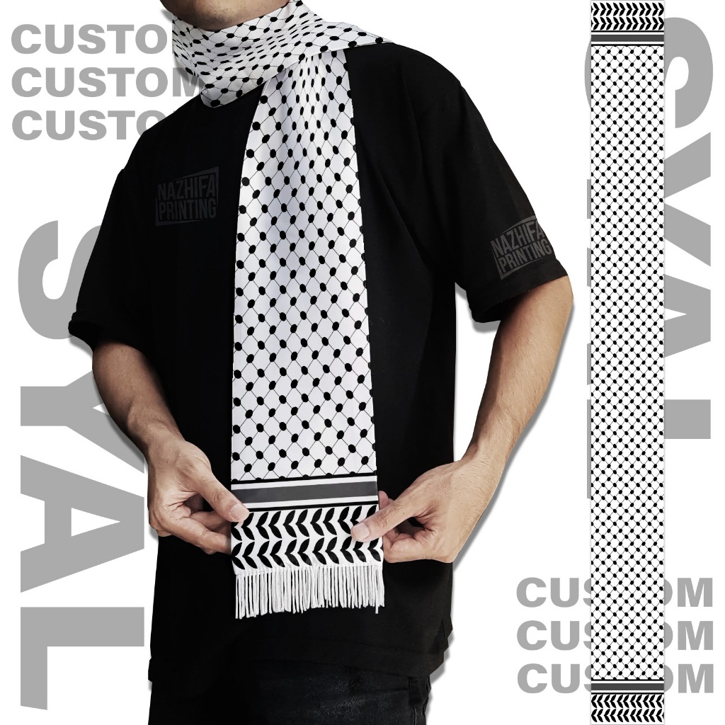 Nazhifa Printing - Syal Batik Palestina, Jaring Putih, Scarf Leher Unisex, Pria Wanita