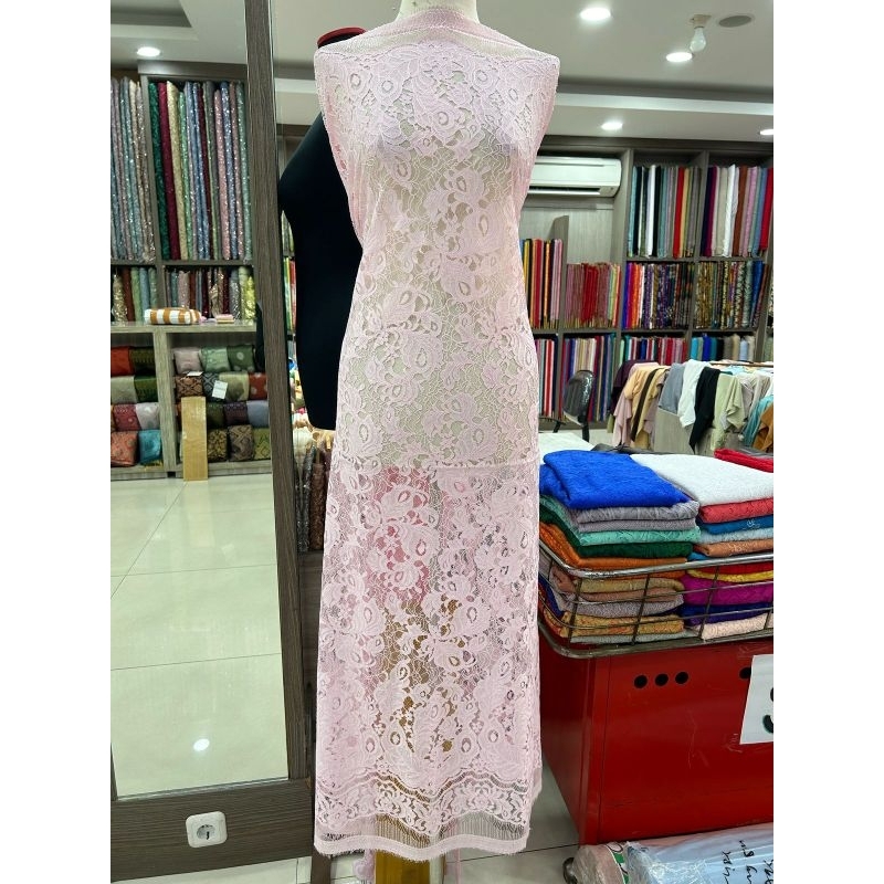 Bakal Kain Bahan Kebaya Brokat Semi Prancis Baby Pink/ Brukat Semi France/ Lace Panel Semi Francis