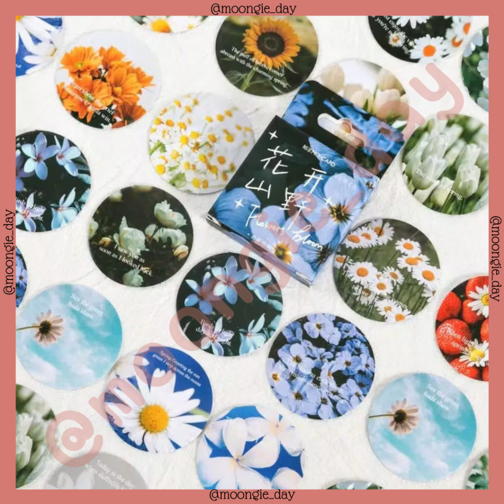 

45 PCS/BOX STIKER KERTAS TEMA FLOWERS BLOOM BUNGA BIRU BULAT BLUE ROUND BULLET JURNAL DIY DIARY LUCU MURAH
