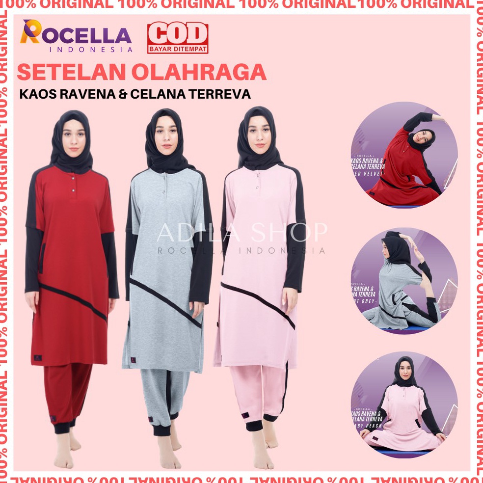 55TERLARIS Setelan Yoga Muslimah Setelan Olahraga Muslimah Setelan Senam Muslimah Rocella Kaos Raven