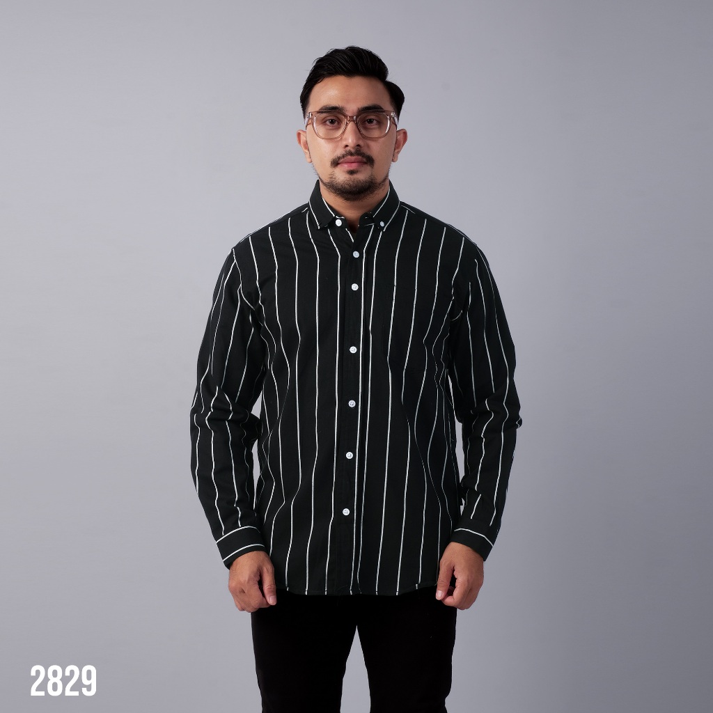 DGM Kemeja Pria Salur Lengan Panjang Premium Kemeja Stripe Pria Kemeja Garis Pria Garis Putih dan Hi