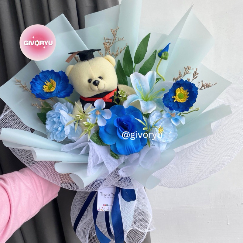 Buket Wisuda Bunga Biru / Buket Bunga Polynet / Buket Wisuda Bandung