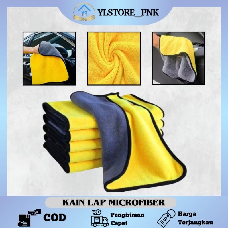 YLS - Kain lap microfiber serbaguna 30 x 30 cm / kain lap dua warna abu kuning bulu halus dan lembut
