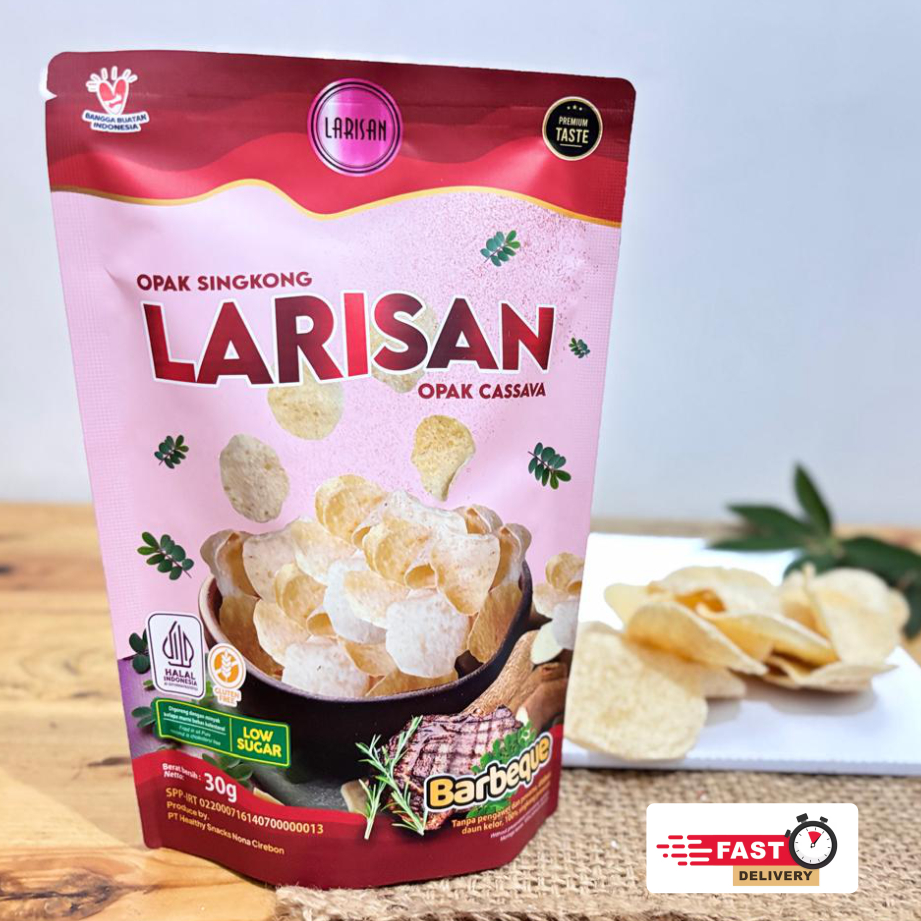 

LARISAN Opak Singkong Barbeque 50g | 100% Singkong Pilihan | Minyak Kelapa murni | Gluten Free | Taburan Daun Kelor & Bumbu Premium Rasa Baberque