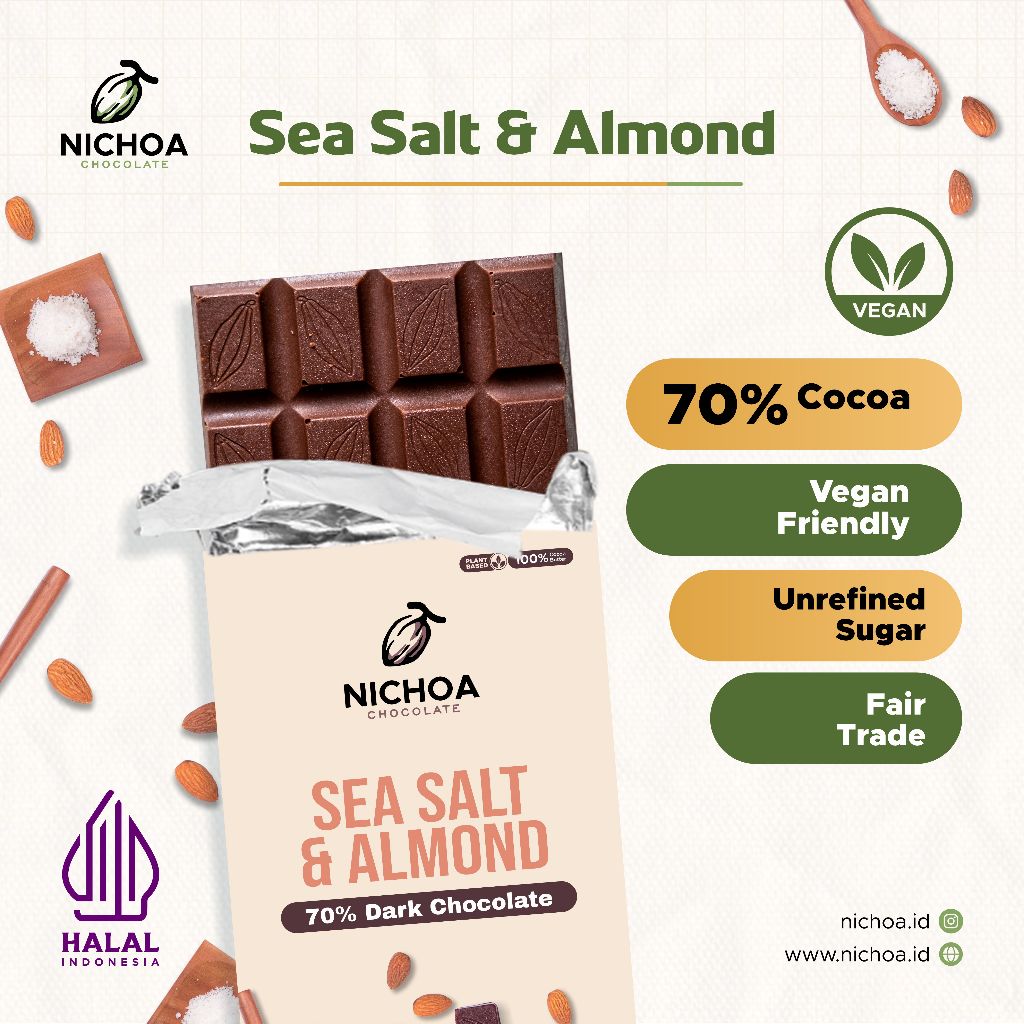 

Nichoa Dark Coklat - Sea Salt Almond 70% Dark Chocolate - Less Sugar - Plantbased Cokelat
