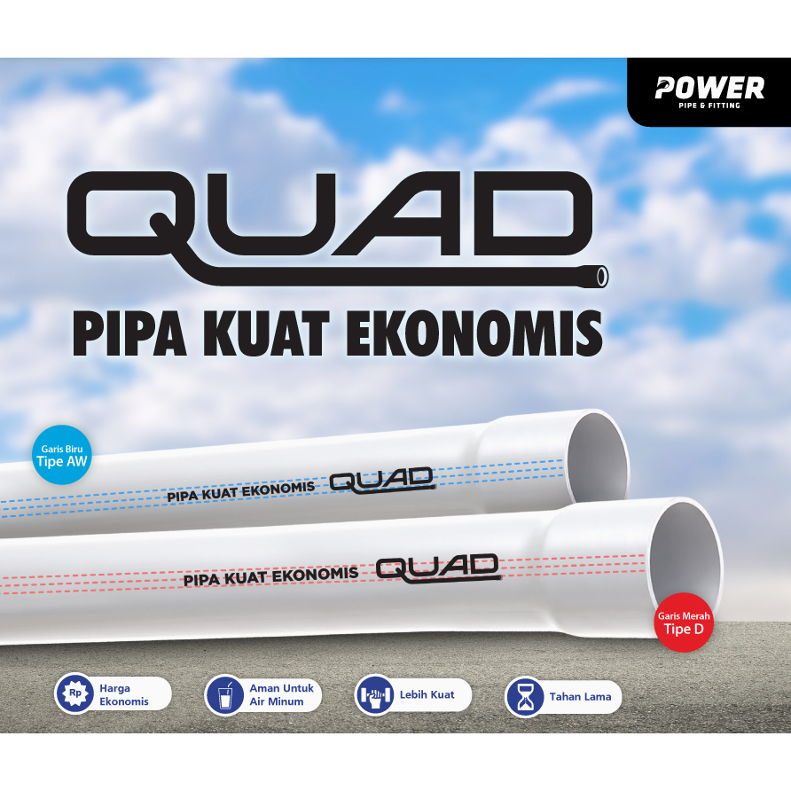 PIPA 21/2 DIM 2,5 INCH PVC POWER QUAD D HARGA PER BATANG 4METER, PRALON PARALON AIR