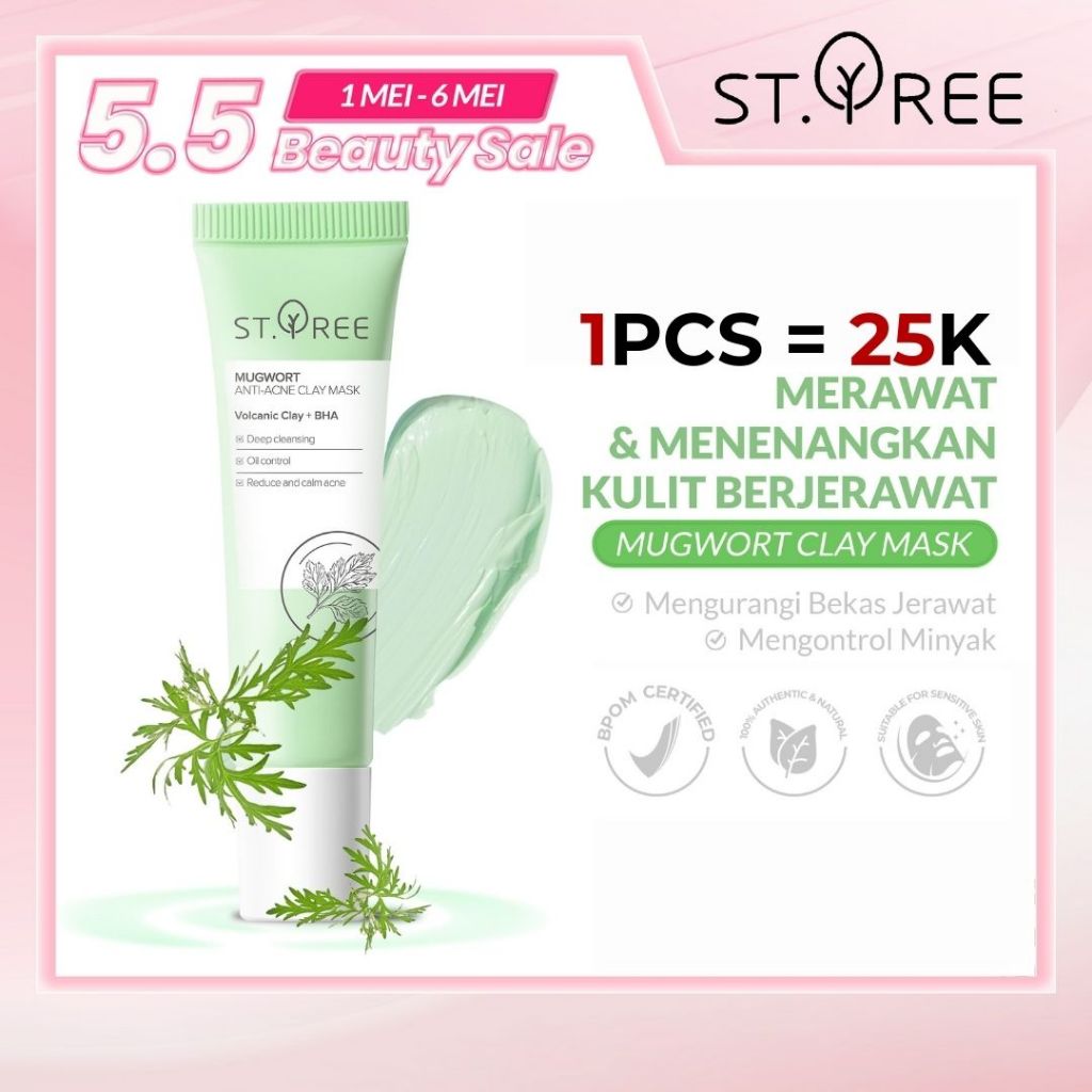 ST.TREE Mugwort Anti Acne Clay Mask 30 gr | Volcanic Clay + BHA - Salicylic Acid + Niacinamide - Mas
