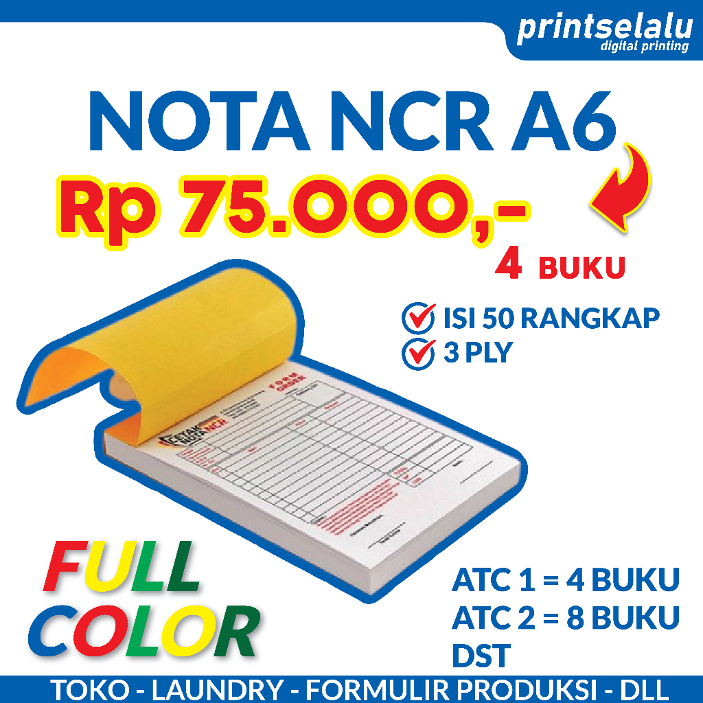 

Custom Nota NCR A6 3 ply rangkap (Laundry Surat Jalan Formulir) per 4 buku