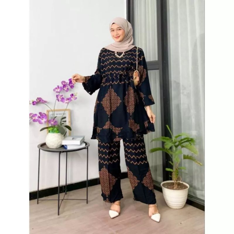 SETELAN RAYON TUNIK BUSUI//ONESEAT TUNIK MOTIF  BUNGA SEMPROT //SET BAJU WANITA KEKINIAN
