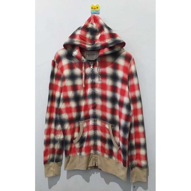 Hoodie Zipper UNIQLO Tartan motif langka 100%ORi mulus