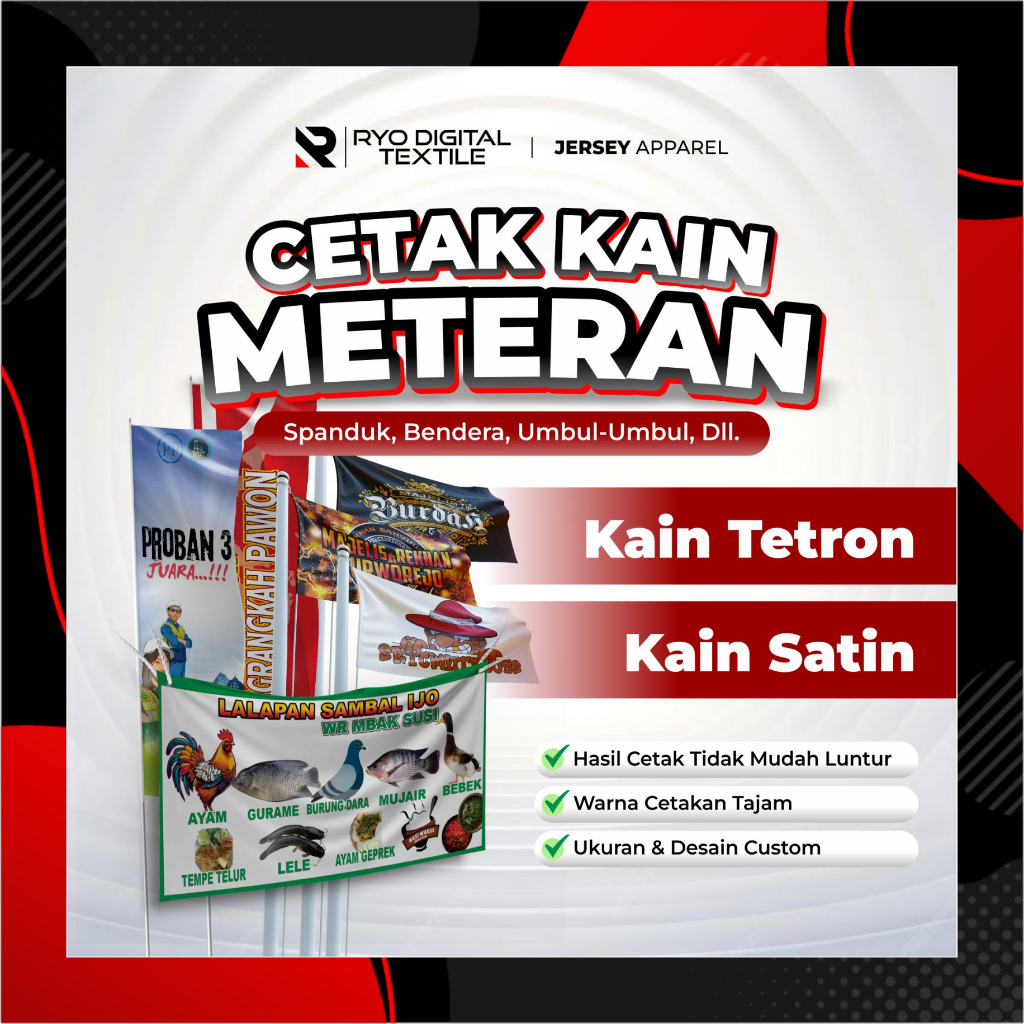 CETAK SPANDUK KAIN TC TETRON & SATIN METERAN MURAH BERKUALITAS